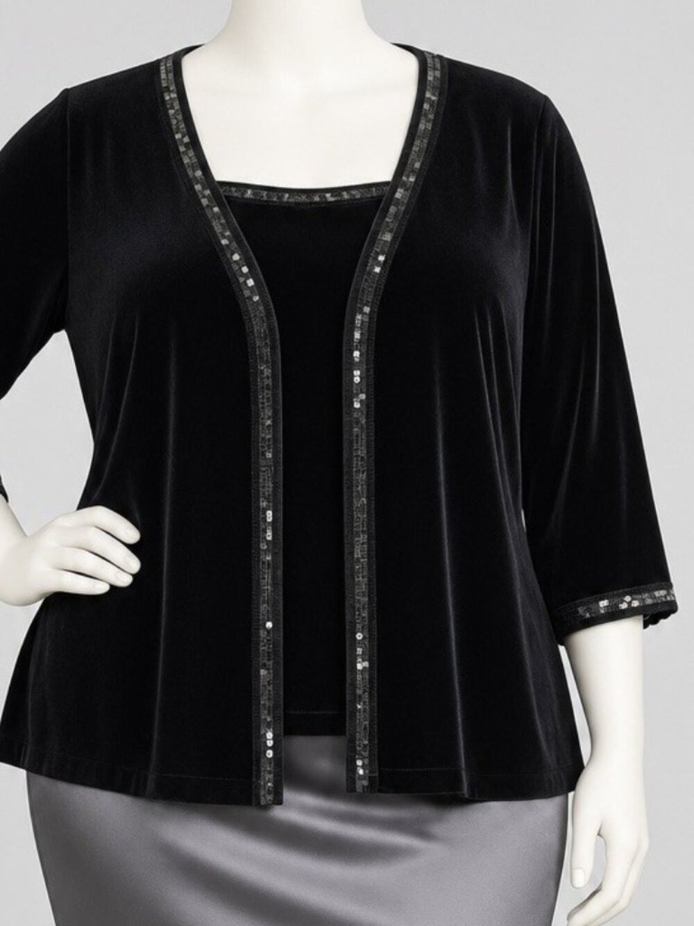 Quacker Factory Black Velour Jacket Sequin Trim Twin Set Top Cami Plus Size 3X